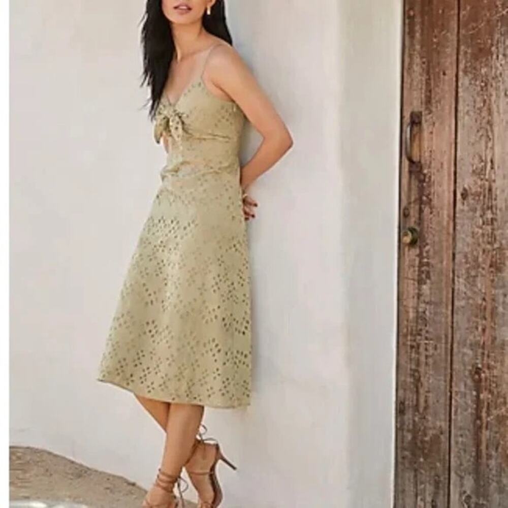 EXPRESS Green Cotton Eyelet Tie Front Sweetheart Midi Sundress Size M  NWT
